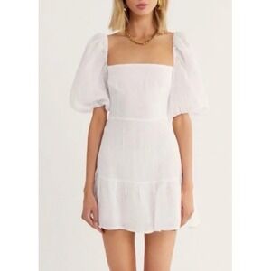 Rumer Mia Mini White Linen Puff Sleeve Open Back Dress Womens Size S NEW